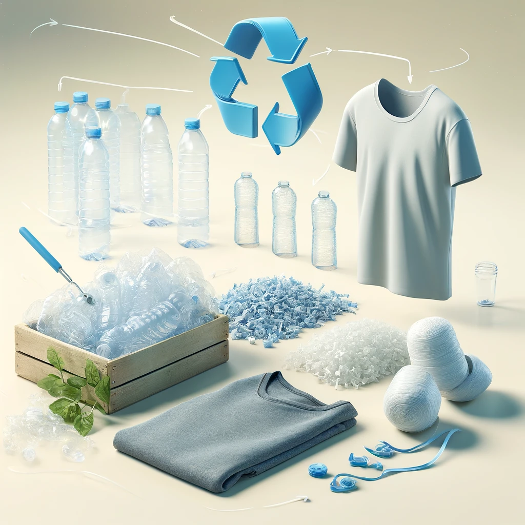 A realistic image depicting the recycling process of water bottles to create new fibers, including empty plastic water bottles, shredded plastic pieces, the resulting fibers, and a finished t-shirt made from these fibers. The background is a simple, clean workspace, highlighting the full recycling process and its practical application.