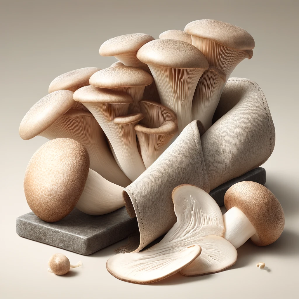 A realistic image featuring fresh oyster mushrooms displayed in their natural form next to a piece of mushroom leather fabric. The image highlights the unique texture and eco-friendly qualities of mushroom leather, with both items arranged on a clean, simple surface.