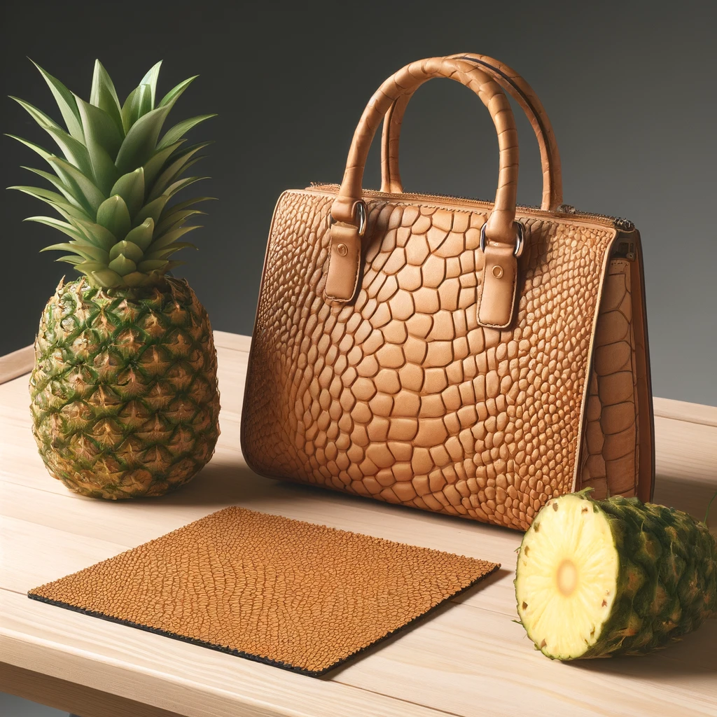 A realistic image of a pineapple leather handbag on a wooden table, with a pineapple next to it. A small piece of Piñatex material is also displayed beside the handbag, showcasing its unique texture and eco-friendly qualities.